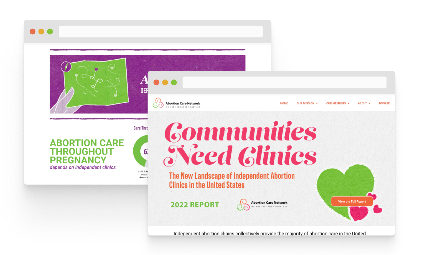 Two screenshots of the Communities Need Clinics 2023 webpage. The pages share the header images and graphs and data about clinics and abortion care.