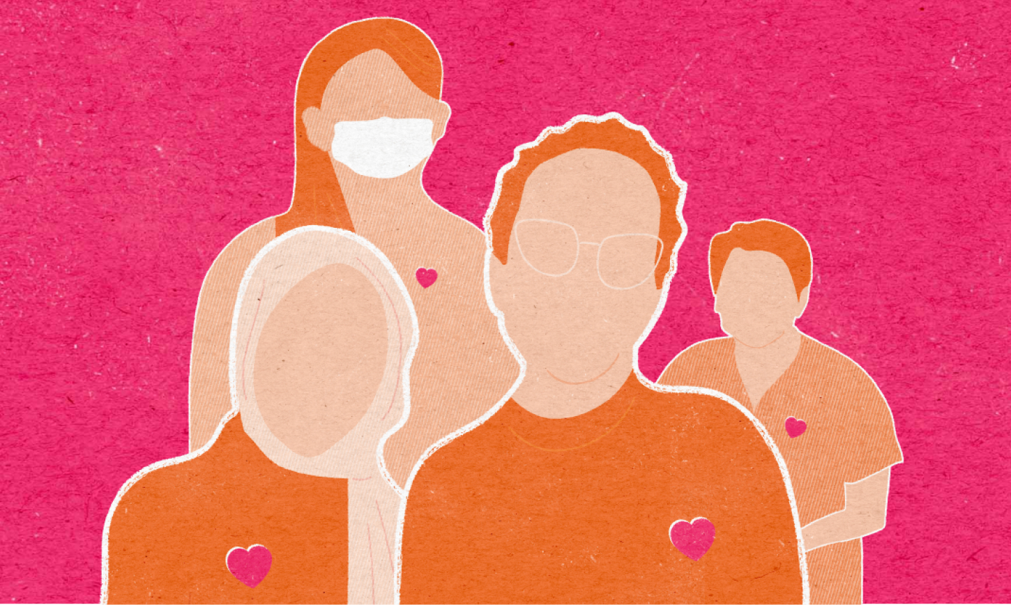 An orange and pink, line and flat shape illustration, with matchbook-like texture, of a diverse group of five abortion providers, each with a heart on their shirt.