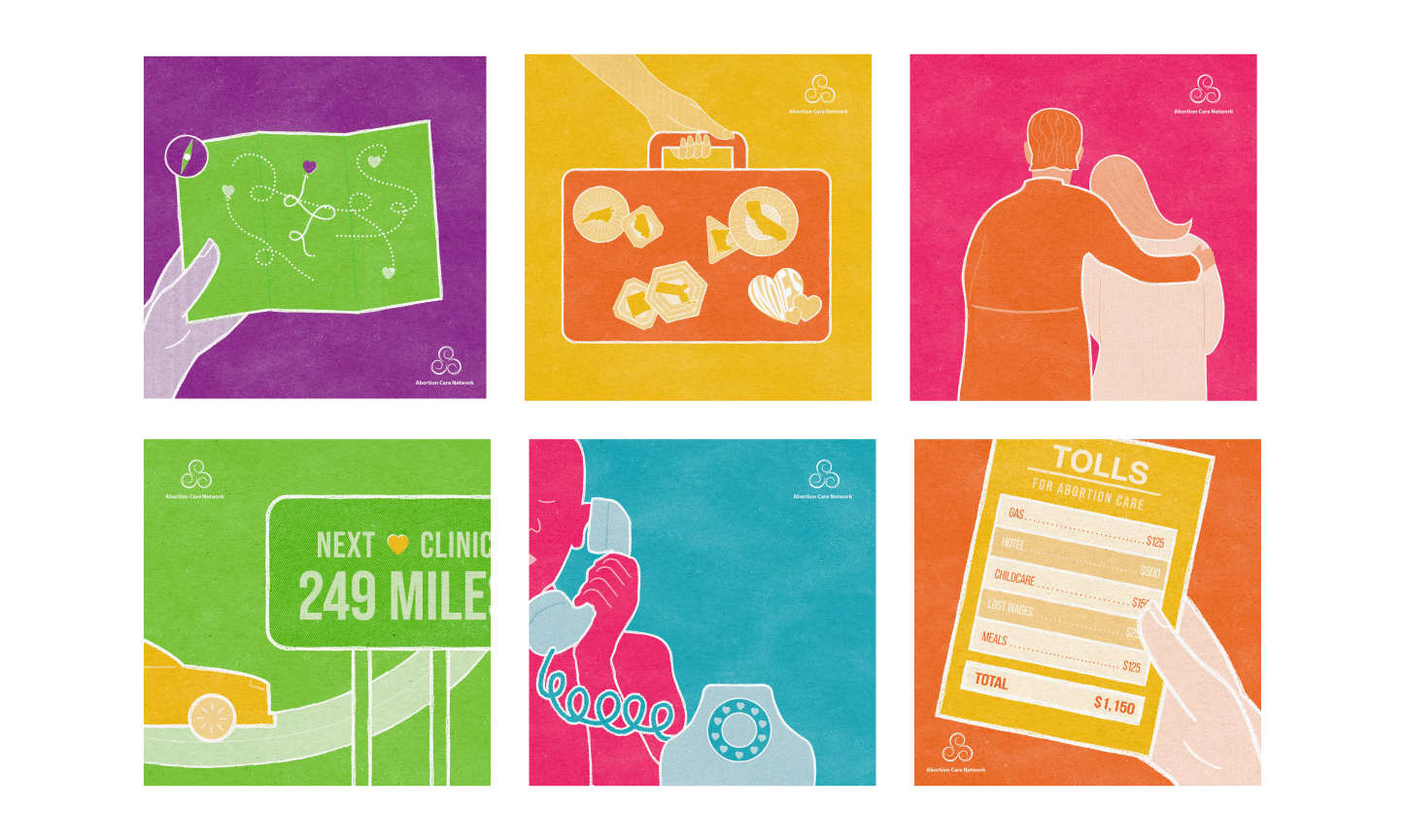 A set of six simple line and flat shape illustrations, with matchbook-like texture, showing the different steps in the journey to finding abortion care: a map of the US highlighting clinics, a suitcase with travel stickers, a patient and provider hugging, a car on the highway, a person using a telephone, a hand holding a tolls receipt. 
