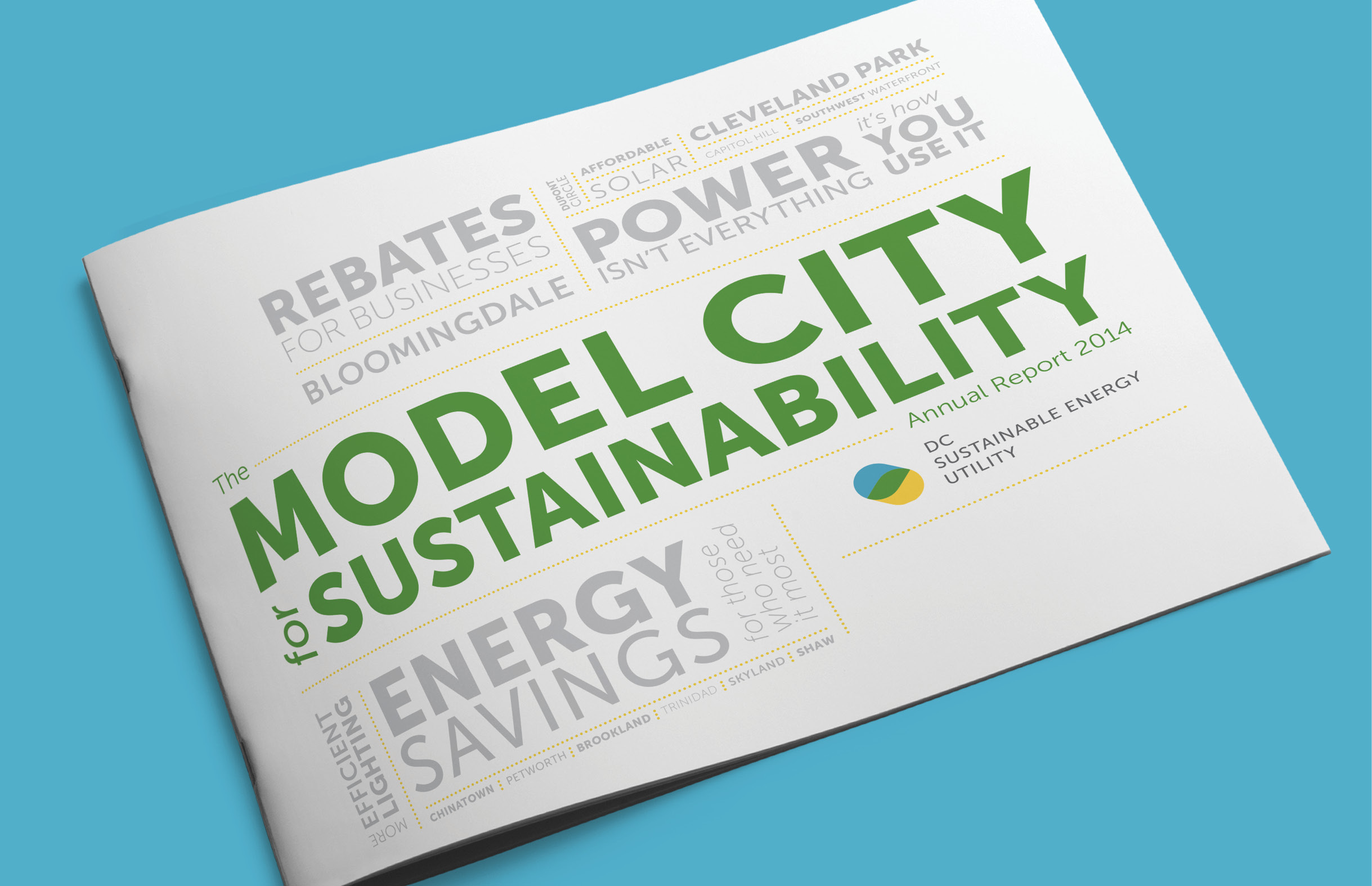 The mostly white cover of the DCSEU annual report has a word cloud of DC neighborhoods in grey and the title ‘Model City for Sustainability’ in Green. The report is landscaped letter sized, saddle stitched on a blue background.