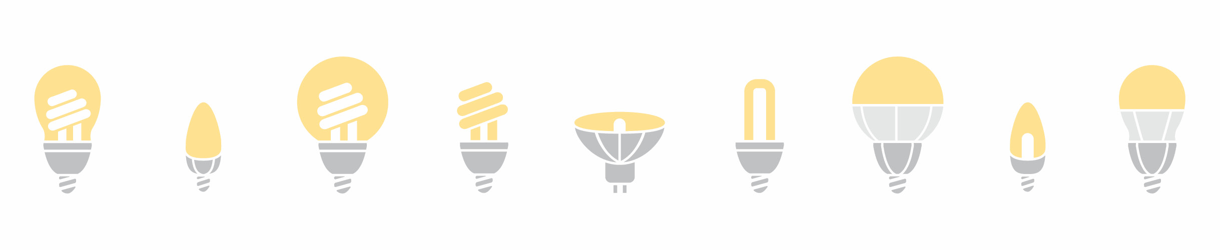 A series of nine grey and yellow light bulb icons depicting the nine sustainable bulb types in the promotional package.