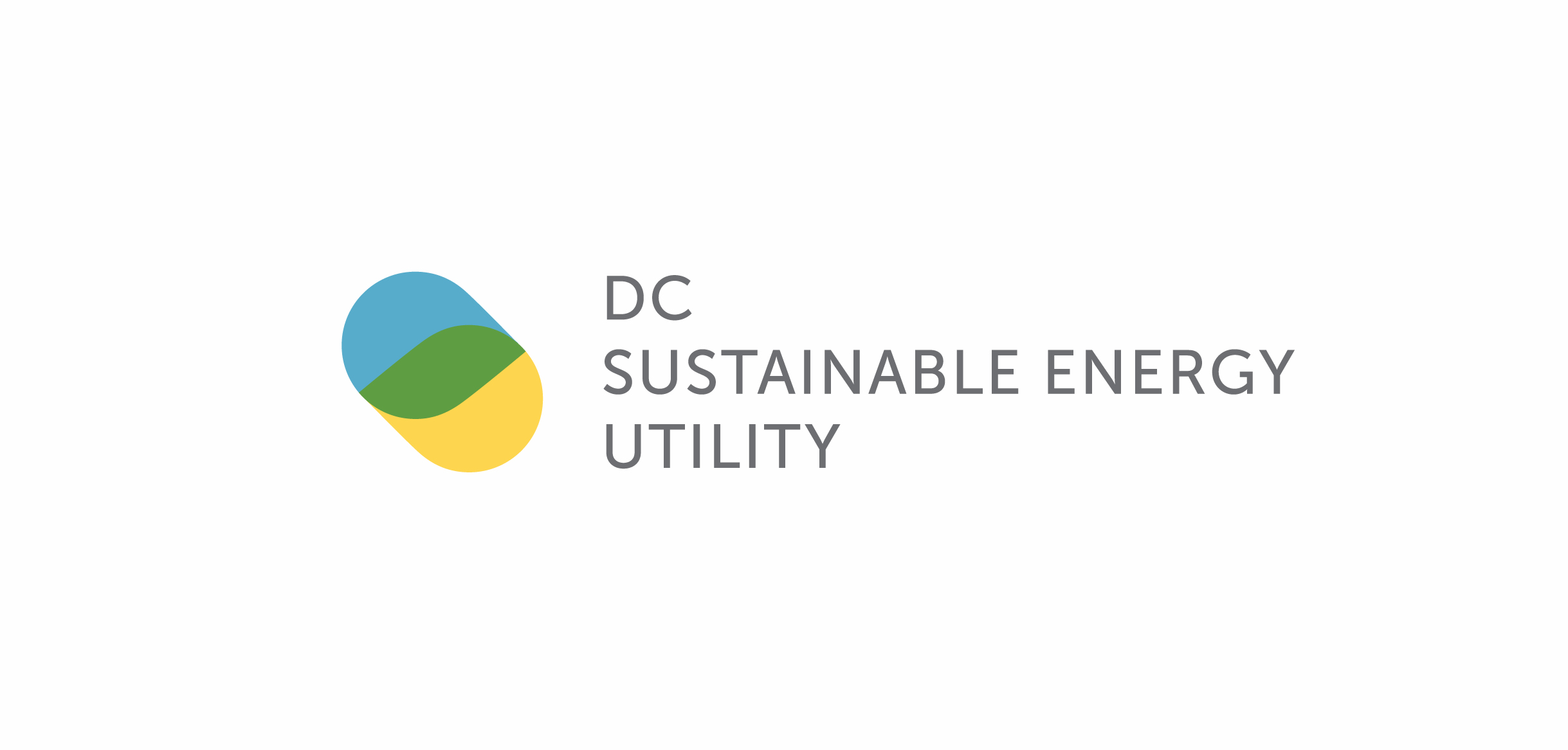 The DCSEU logo consists of two overlapping drop-like shapes, one blue and the other yellow. Where they overlap they create a green path. The words DC Sustainable Energy Utility are set in a san serif typeface to right of the mark.