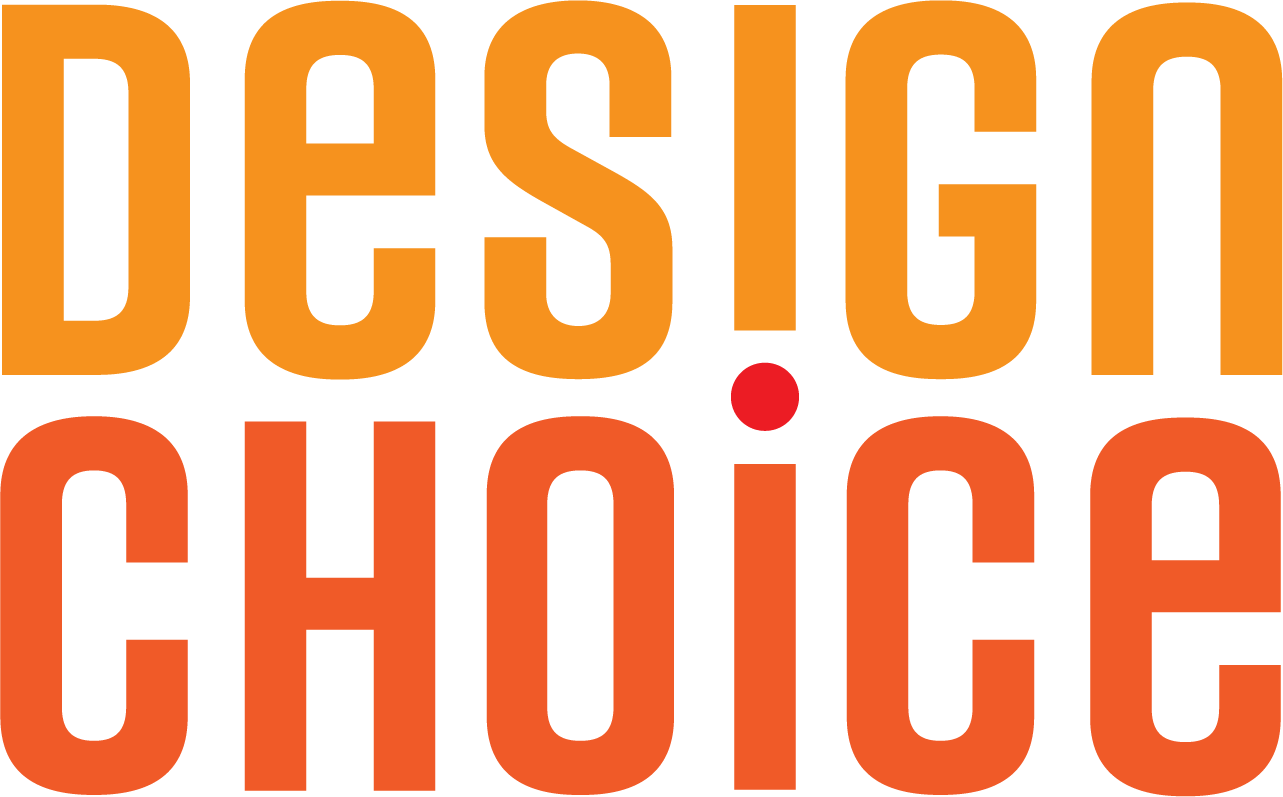 Design Choice is a graphic design studio in Washington, DC. The Design Choice logo consists of the words 'design' and 'choice' in custom unicase, san-serif, rounded typeface. 'design' is colored orange and 'choice' is red-orange. Both words contain equal number of letters and are set stacked on top of each other at equal widths to emphasize this. The dot for both I's (which is the 4th letter in each word) is between the two stacked letters and it is colored red.