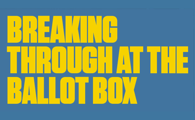 Design Choice are publication design specialists:Breaking Through at the Ballot Box publication cover utilizing bold yellow type on a blue background