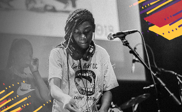 Design Choice are branding and web design specialists: black and white photo of girl DJing on a stage - surrounded by bright colored and hand-drawn action lines and trapazoids