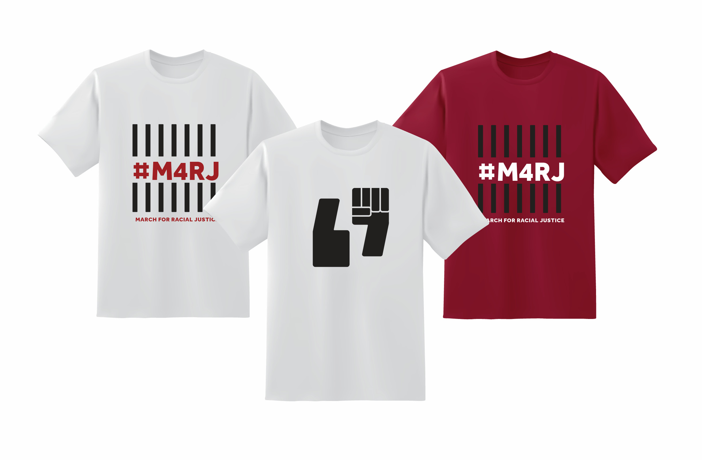 A set of 3 t-shirt designs created for M4RJ: First is white with red “#M4RJ” large across the chest, in between black bars. Second is a white shirt with the March for Racial Justice logo mark fists in Black. The third is similar to the first but a red shirt with white lettering.