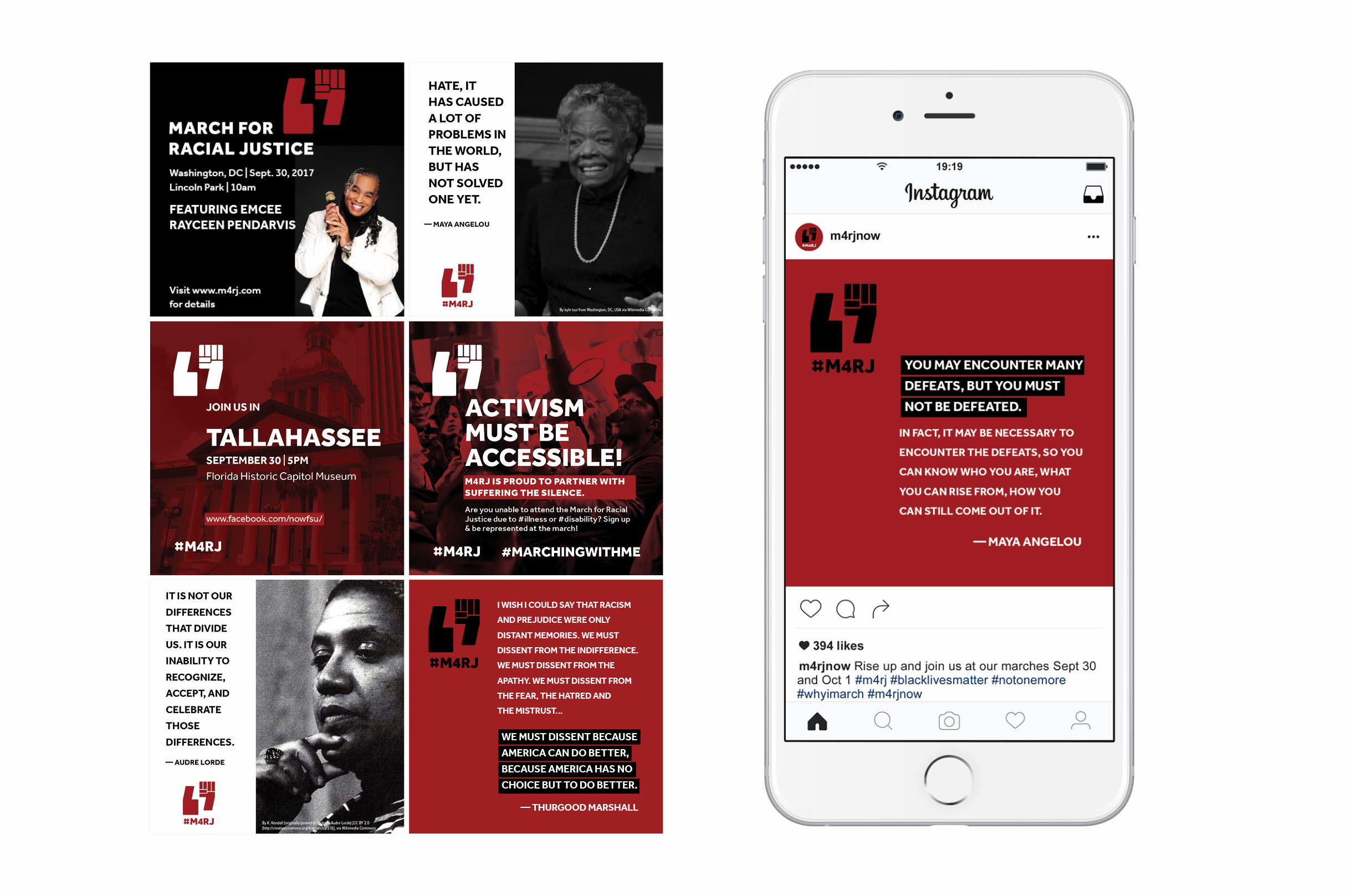 A white iPhone showing an M4RJ instagram post of a Maya Angelou quote in white san serif type on a red background. Six additional sample instagram post designs are arranged to the left of the iPhone, including more quotes, invitations to sister marches and announcements of the guest speakers for the march.