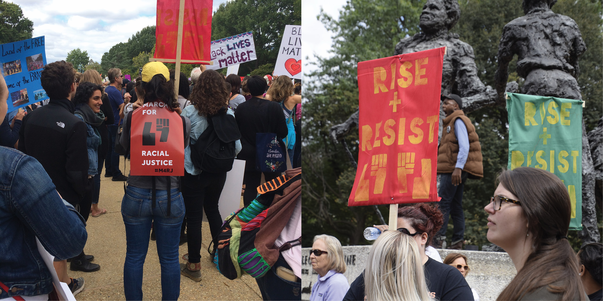 Two images of rally goers and marchers holding signs.