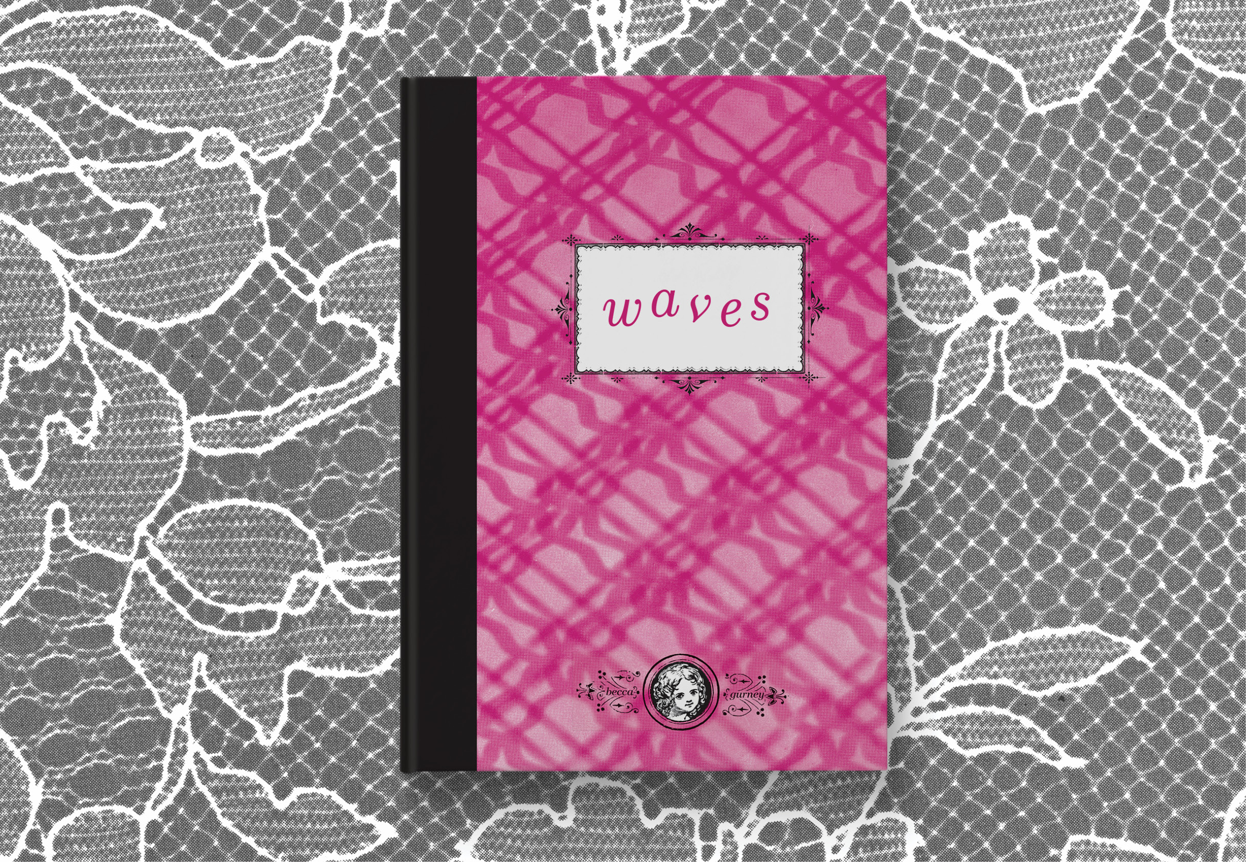 The cover of the hardbound Waves book is a full bleed texture of magenta material with a title plate that is white framed with decorative borders. The book is on a grey lace background.