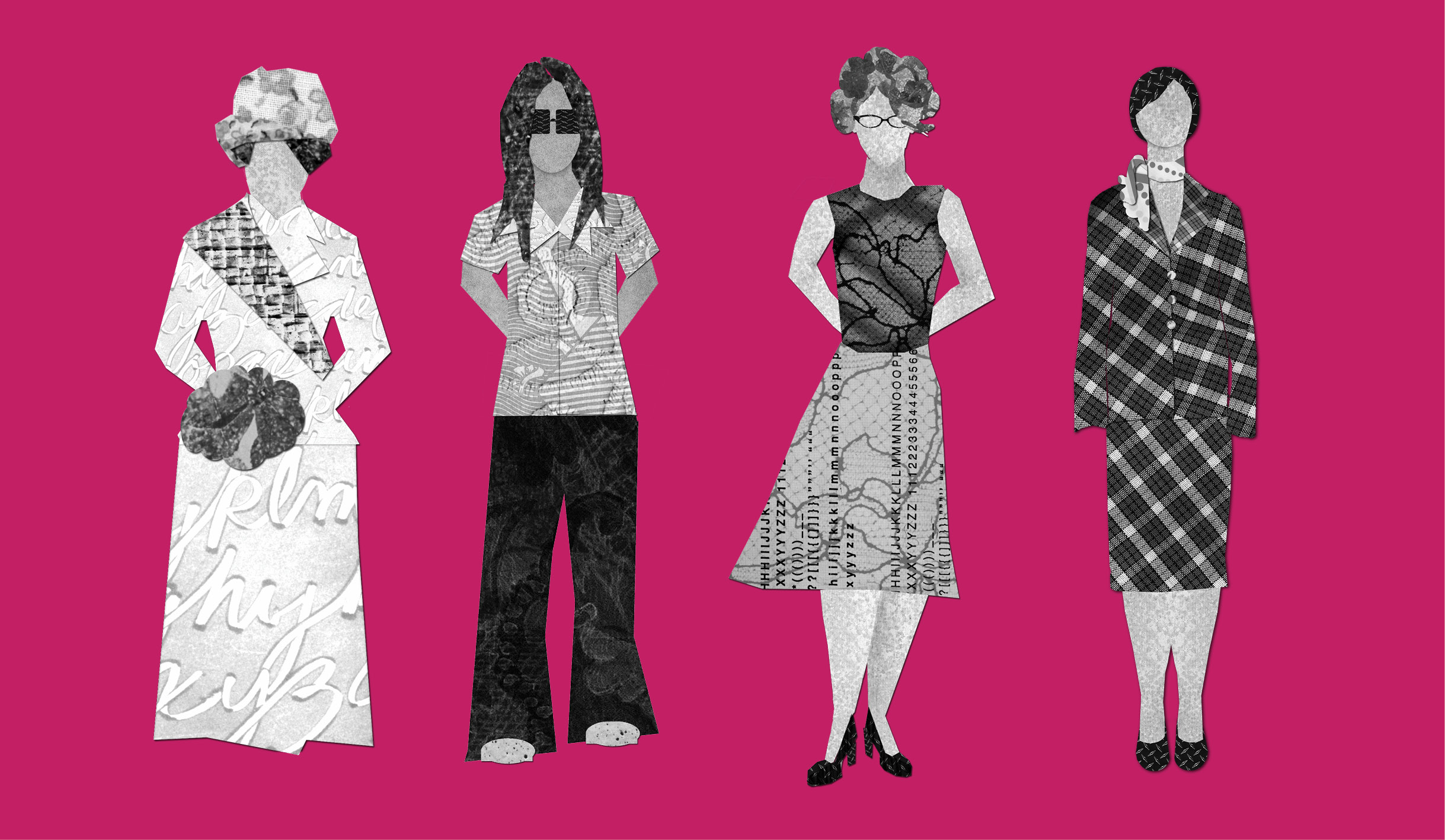 Collaged illustrations of four women representing the different waves of feminism: a suffragette from the 20s, a hippie looking woman from the 70s, and two professionally dressed women.
