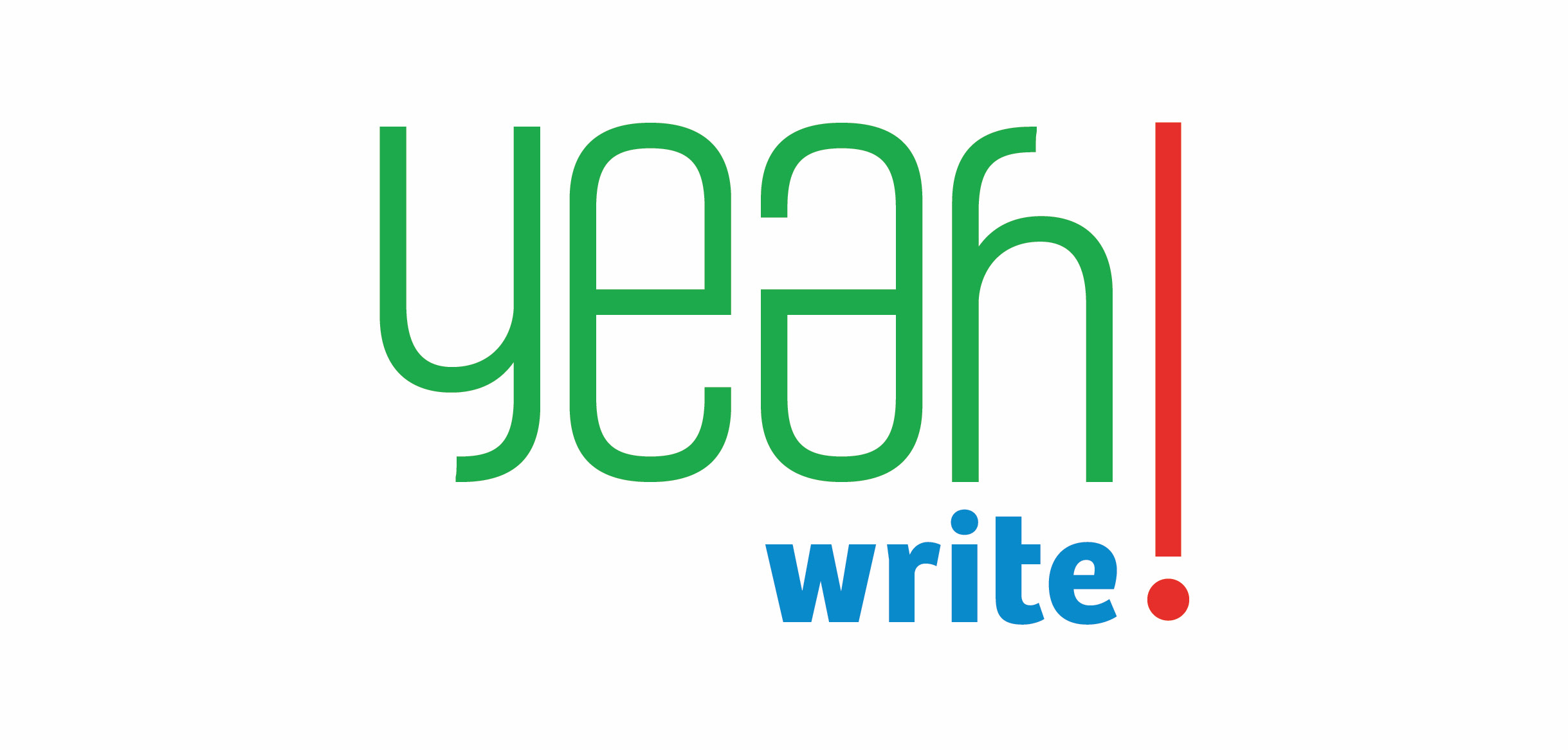 Yeah Write! logo is a bright, colorful and playful wordmark. 'yeah' is custom drawn, mono weighted, thin sans serif type. The forms mirror each other; the y and e flip to create the a and h. It is large and set in a bright green. 'write' is set in light blue, bold, humanist sans serif typeface and sits below the a and h of yeah. The last piece of the mark is the exclamation point; it is pink, mono weighted sans serif and elongated to span the height of yeah and write stacked.